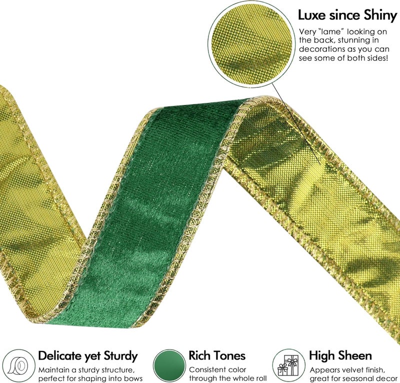 Meedee Crushed Green Velvet Ribbon with Gold Back 1 Inch Double Sided Christmas Wired Ribbon 25 Yards, Perfect for Christmas Tree Decorations, Wreath Supplies, Crafts Bow Making - Image 3